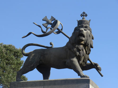 TOURIST ATTRACTIONS ADDIS ABABA: OLD CHURCHES, PARKS, CLIMATE: Legahar Lion of Judah Statue.
