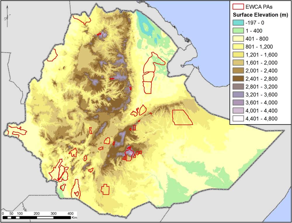 ETHIOPIA WEATHER BY MONTH & CLIMATE ZONES: Elevation lines of Ethiopia