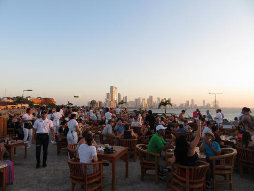 CARTAGENA COLOMBIA NIGHTLIFE:Casa de Cerveza, terrace on the wall at sunset.