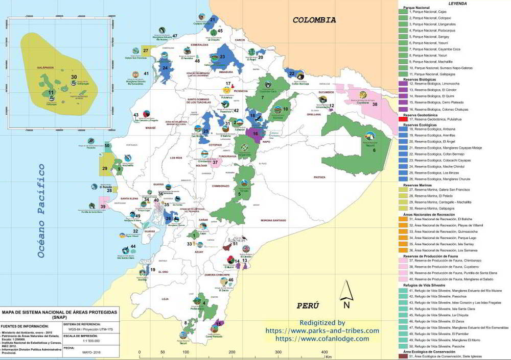 Map National Parks and Protected Areas Ecuador 2017 with their names.