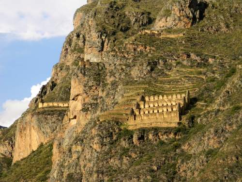 OLLANTAYTAMBO, PERU, FORTRESS & RUINS [CUSCO's TRAIN STATION TO MACHU PICHU]: Pinkuylluna, Inca storehouses near Ollantaytambo